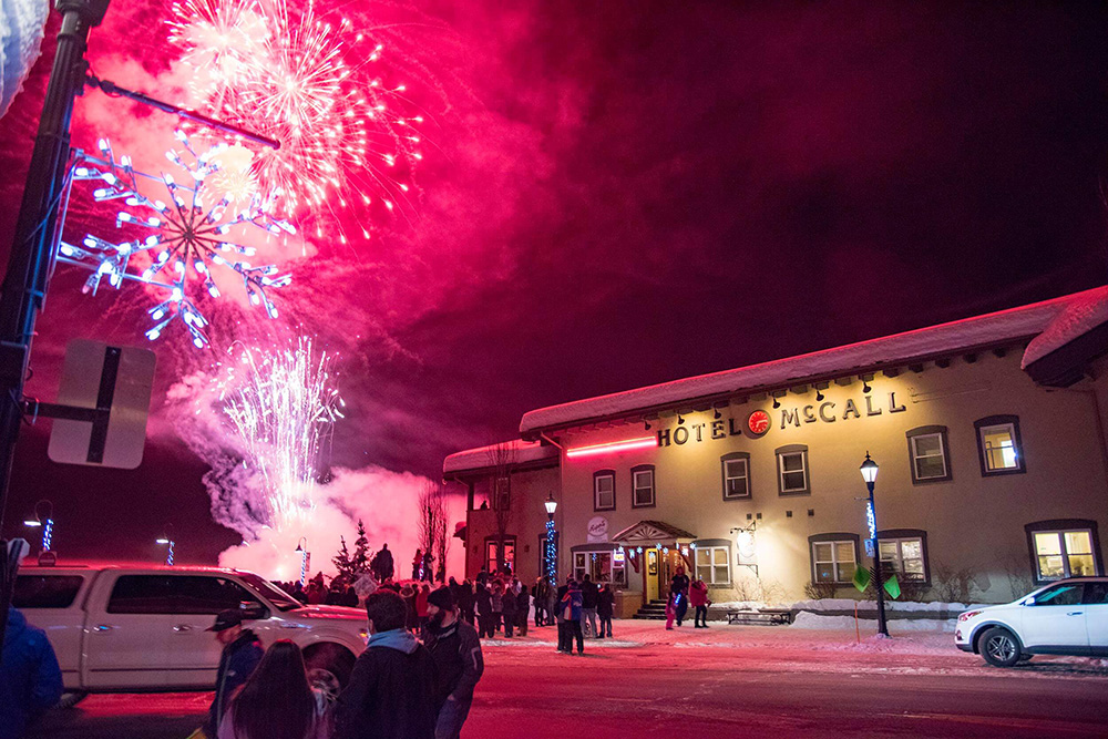 Fireworks in downtown McCall Idaho during the McCall Winter Carnival