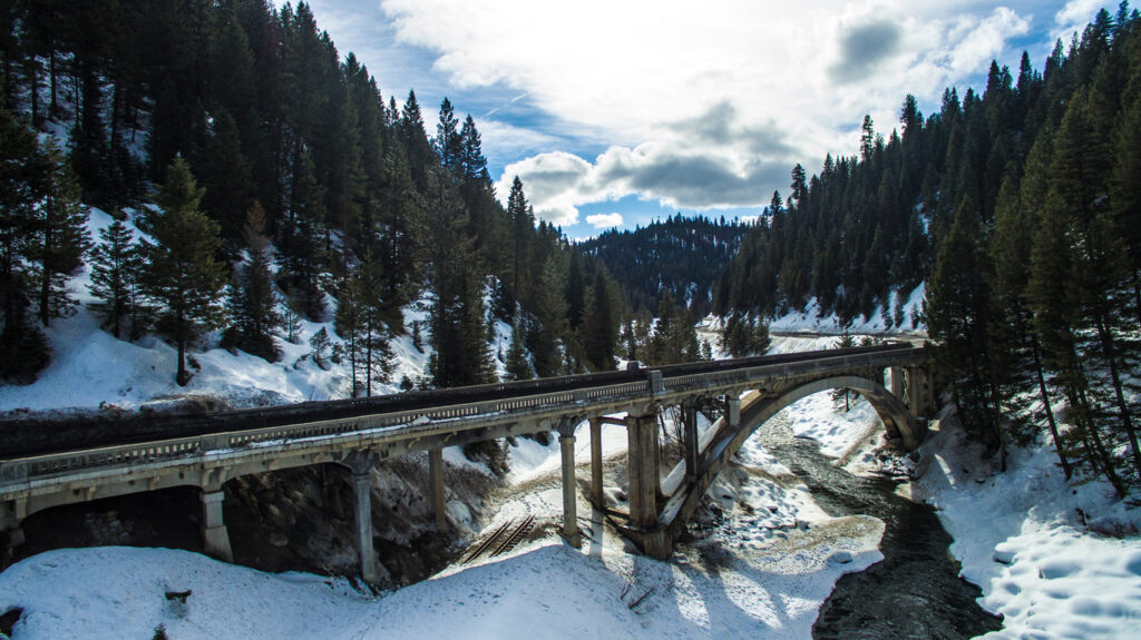 Bridge over the Payette river covered in snow.