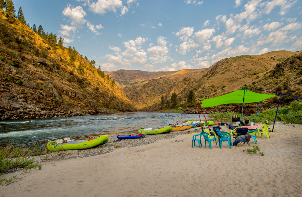 Rafts on the beach, Maloney Creek camp, Salmon River, Idaho.