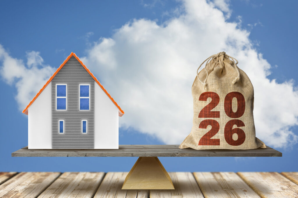 2026 REAL ESTATE PLANNING -  Budget 2026, tax, loan, property investment - Business and financial concept in building activity and construction industry with home model