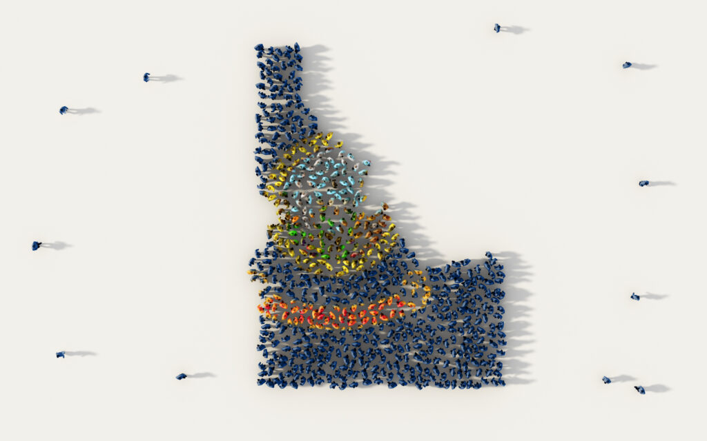 Large group of people forming Idaho flag map in The United States of America, USA, in social media and community concept on white background. 3d sign symbol of crowd illustration from above