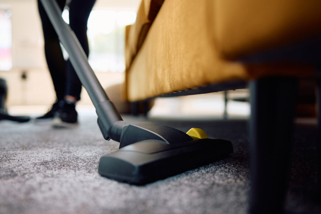 Close up of woman vacuuming the carpet.