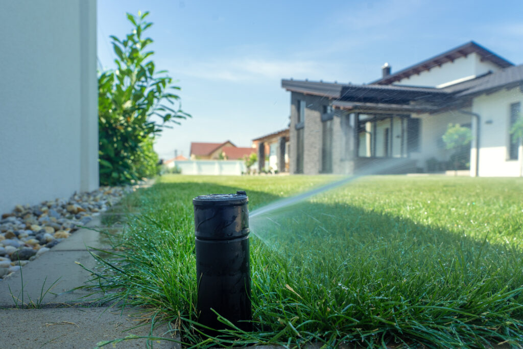 automatic watering system in the back yard garden with green grass .