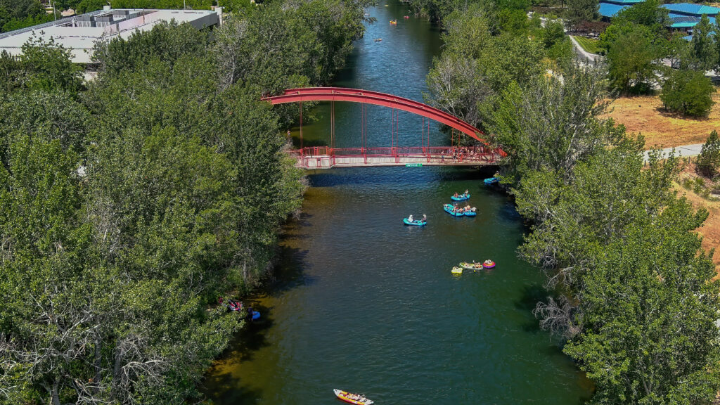 Aerial view of rafts floating the Boise River