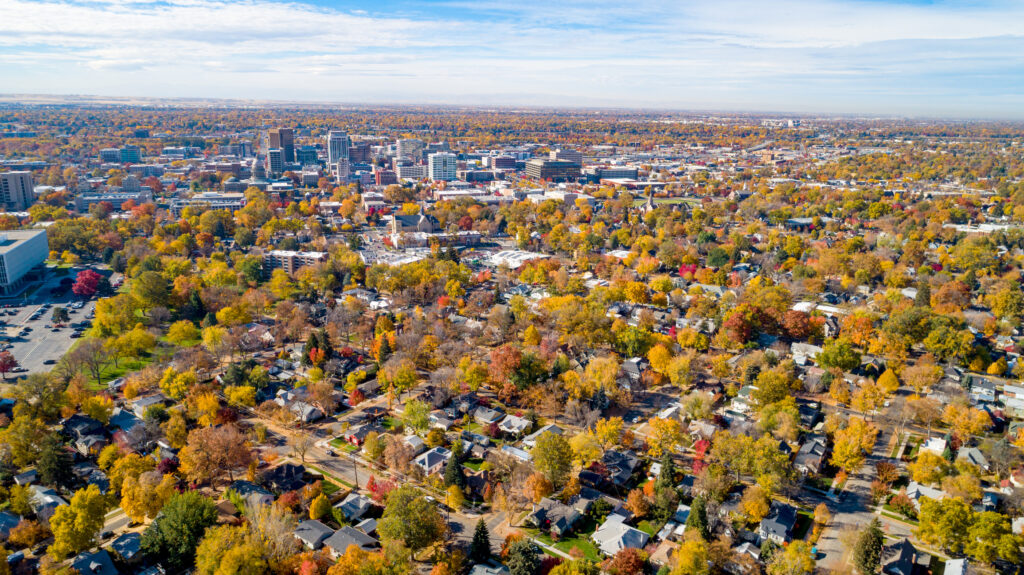 Boise Idaho skyline with the town filled with atumn colored trees