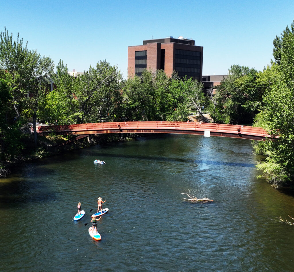 Aerial view of rafts floating the Boise River
