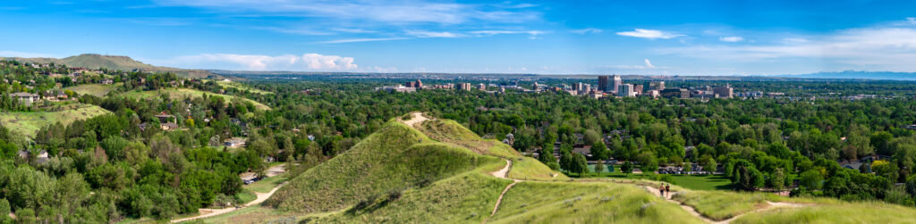A view from Camels Back Park featuring hiking trails, North End, Boise, Tablerock and the Owyhee Mountains off in the distance.
