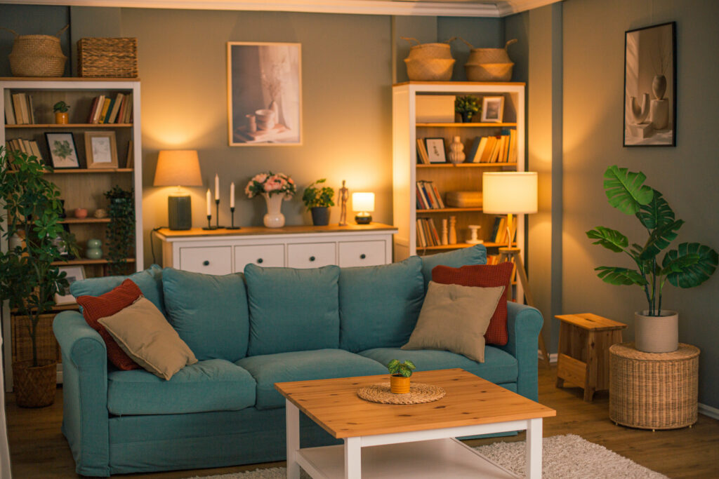 Inviting living room with comfortable sofa, bookshelves, warm lighting, and stylish decor, creating a relaxing atmosphere